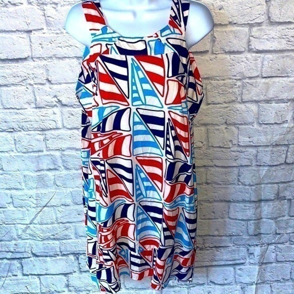 Escapada Nautical Red White & Blue Boat Sail Graphic Coastal Beach Summer Dress